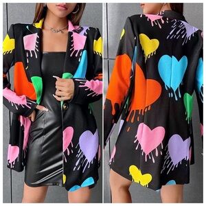 Shein : size S : ‘shein bae’ splatter heart print black one button blazer jacket